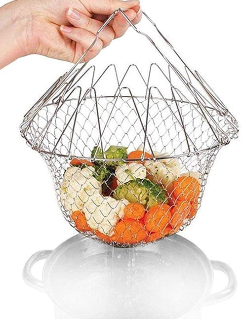 304 Stainless Steel Foldable Steam Rinse Strain Fry Basket, Kitchen Cooking Tool