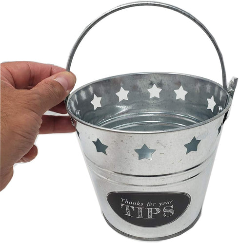 Tip Bucket Metal with Stars Design for Bar, Club, Musicians, Bartenders Money Tip Jar, 6” Diameter x 5.5” Height