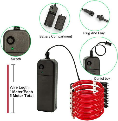 Ourbest EL Wire Lights - Battery Powered Wearable LED Neon String Light, 5in1 DIY Sign Kit, 1M Red