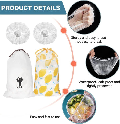 200PCS Reusable Plastic Bowl Covers, Elastic Food Storage Covers, Stretch Plastic Wrap for Food, Outdoor Picnic