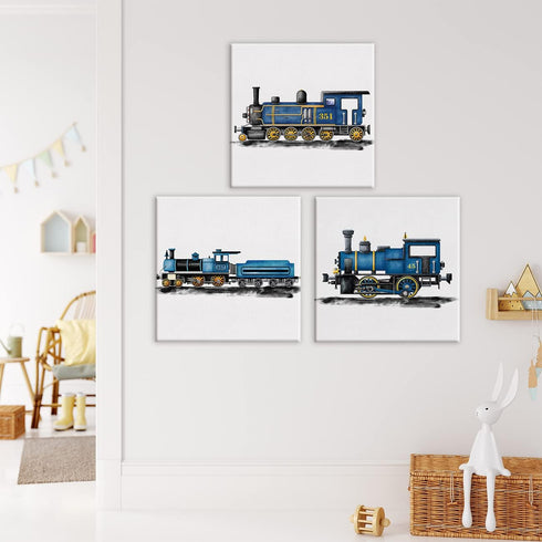 Yuzi-n Set 3 12x12 Inch of Blue Steam Train Nursery Vehicle Framed Wall Art Decor Watercolor Steam Locomotive Canvas