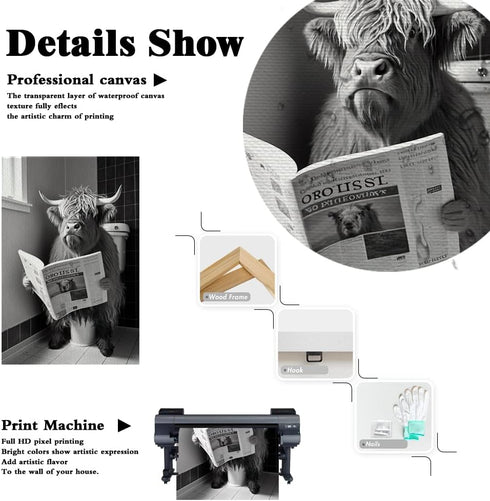 KOEUIRW Funny Highland Cow Bathroom Canvas Wall Art, Black and White Longhorns Poster for Bathroom Decor