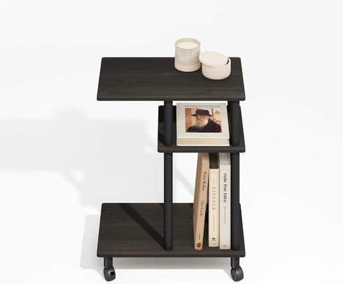 3-Tier Furinno Turn-N-Tube Side Table, C-Shape End Table with Wheels, Toolless Assembly Night Stand, Bedside Table