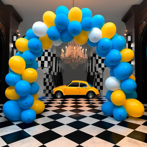 155Pcs Race Car Balloon Garland Arch Kit, Dusty Blue and Yellow Latex Balloon Checkered Foil for Race Car Truck