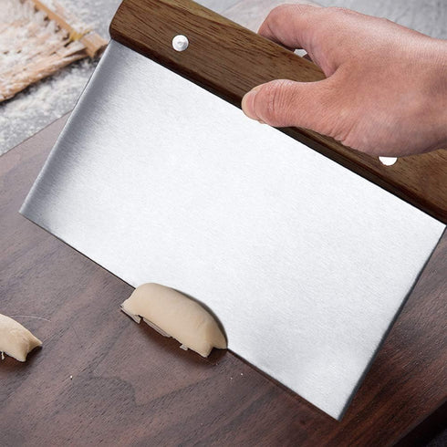 Stainless Steel Dough Bench Scraper - Pastry Chopper with Non-Slip Wooden Handle and Measuring Scales for Kitchen