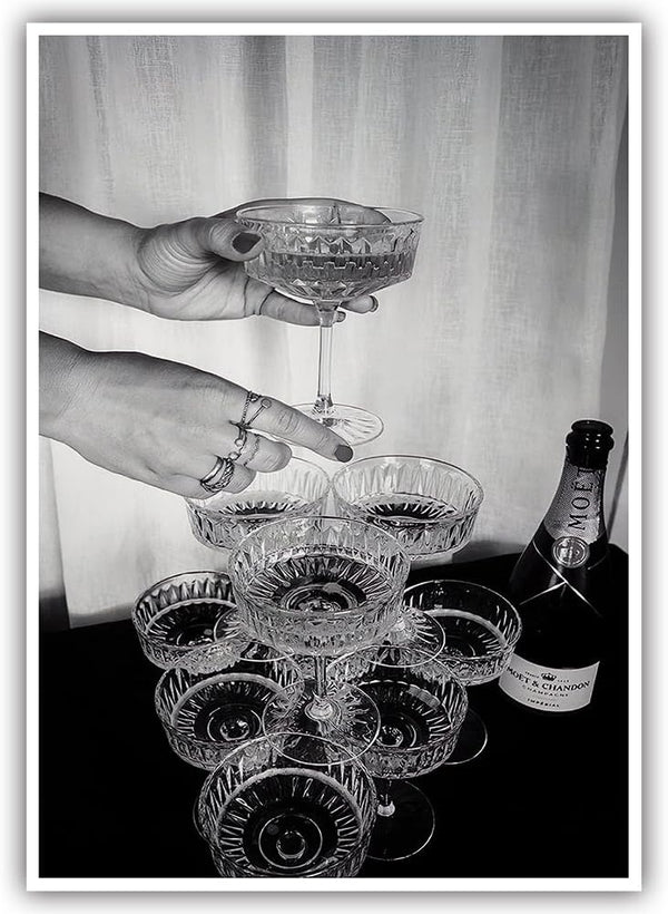 Acqooeakt Vintage Champagne Glasses Posters Black and White Wall Art Trendy Wine Decor