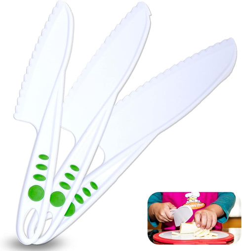 3-Piece Nylon Knives for Kids Curious Chef - White & Green - Child Safe & Serrated Blunt Tip Chef Knives - Safe for
