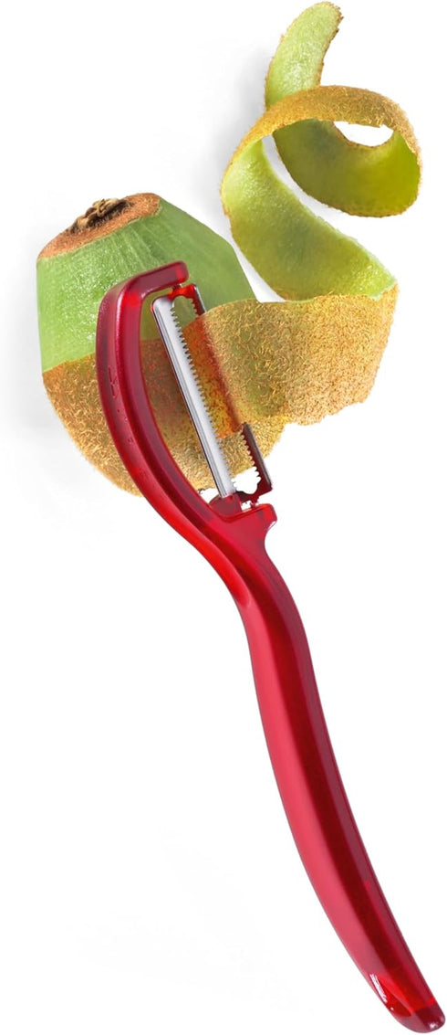 Triangle Swivel Peeler in Red, Stainless Steel Serrated Twin Blade for Soft Fruits & Vegetables, Dishwasher Safe