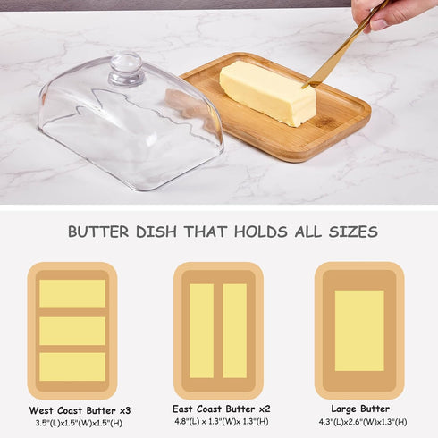 countertop butter dish with lid, glass airtight lid keeps butter soft, for and refrigerator. Widened design to fit all