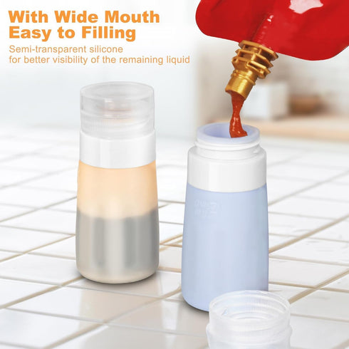 4Pcs 2 Oz Condiment Squeeze Bottles for Sauces, Leakproof Salad Dressing Container to Go, Small Silicone Squeeze