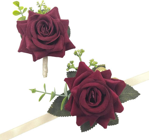 Arlai Wedding Prom Corsage and Boutonniere Set, Artificial Flower Rose Wrist Corsage with Ribbon Bracelet