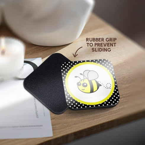 3dRose Cute Yellow Bumble Bee on Black and White Polka Dots, Soft Coasters, Set of 4