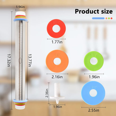 Adjustable Rolling Pin with 4 Thickness Rings, Stainless Steel Dough Roller for Baking, Pizza, Cookie