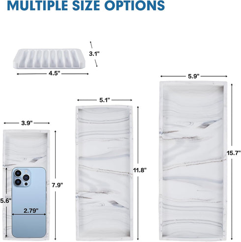Bloss Silicone Bathroom Tray with Soap Holder - 7.9" Marble Vanity Tray for Bathroom Counter, Sponge Holder