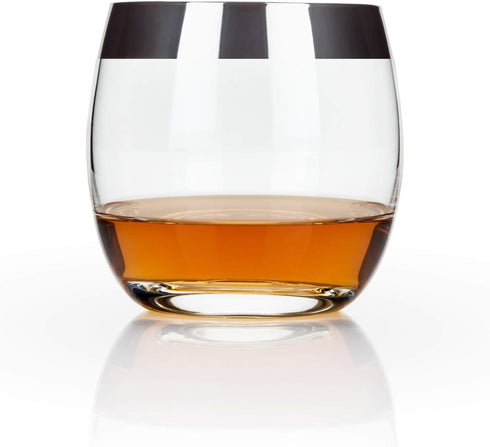 Viski Irving Chrome Rim Crystal Lowball Tumblers - Set of 2, 9 oz Gold Rimmed Cocktail Glass Gift Set