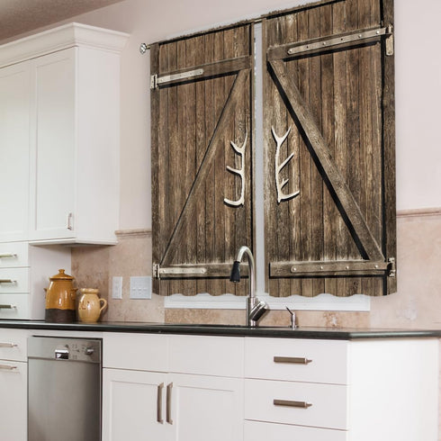 Cinbloo Farmhouse Kitchen Curtains, Rod Pocket 27.5W x 39L Inch Brown Barn Door Vintage Country Design, 2 Panels Set