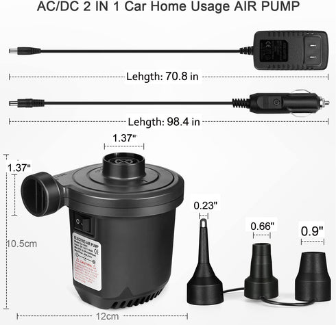 3 Nozzles, 110V AC/12V Electric Air Pump for Inflatable with DC, Portable Air Mattress Pump, Quick Fill Inflator Air