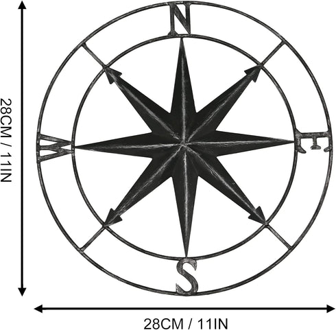 aboxoo Round Metal Compass, Decorative Compass Metal Wall Art, 11 Inch Black Diameter Farmhouse Indoor Outdoor Decor