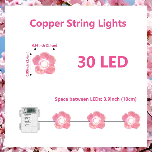 30 Cherry Blossom Decor Flower String Lights Vines with Fairy Lights Christmas, LED Copper with Remote Control Battery