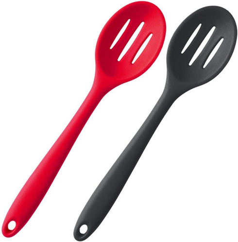 Silicone Nonstick Slotted Spoons Set, 2 High Heat Resistant Cooking Baking Spoons for Stirring, Mixing, Serving, Red