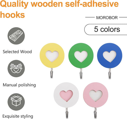Wooden Double Heart-Shaped Self-Adhesive Hooks, 5pcs Key Holder Coat Hook for Home Office Hotel Wall Decoration