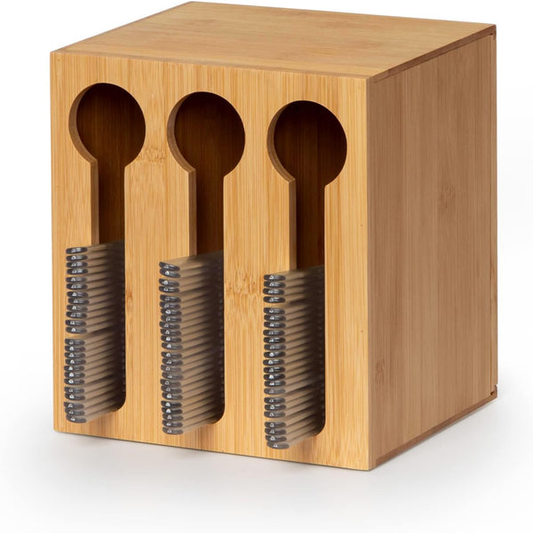 Bamboo Utensil Dispenser for Spoons and Forks, 3 Compartment Plastic Utensil Holder Station for Party and Breakroom