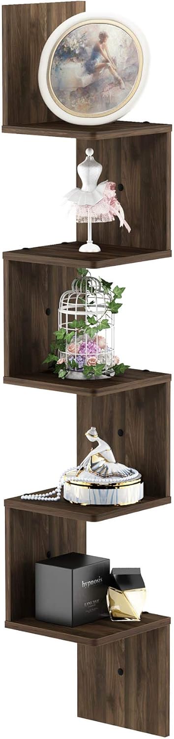 Furinno Rossi 5-Tier Wall Mount Floating Corner Square Shelf, Columbia Walnut