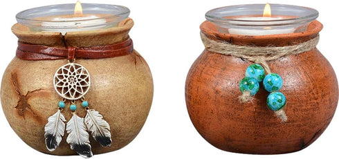 Southwest Pots Candle Holders – Set of 2 Rustic Votive Holders with Twine & Bead Accent – 3.6" x 2.8"