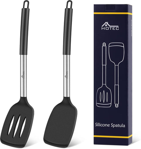 HOTEC Heat Resistant Silicone Slotted Solid Turner Spatula, Kitchen Spatula Set, Cooking Utensils for Nonstick