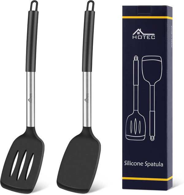 HOTEC Heat Resistant Silicone Slotted Solid Turner Spatula, Kitchen Spatula Set, Cooking Utensils for Nonstick