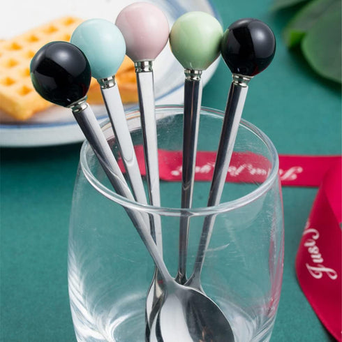 Stainless Steel Coffee Spoon, Teaspoon, Sugar Spoon, Korean Dessert Spoon with Ceramic Ball, 4 Pieces 5.5 Inches Green