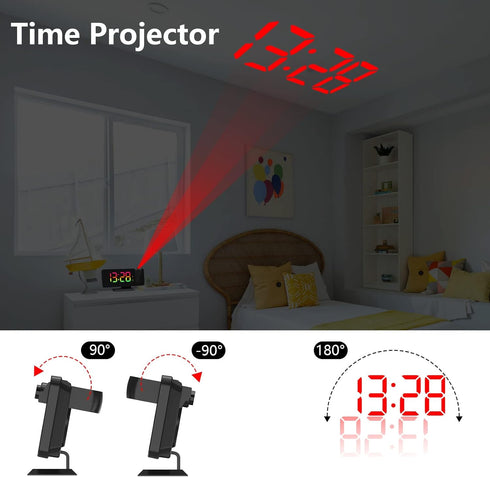 Projection Alarm Clock for Bedroom Ceiling, 180° Rotatable Projector, 7.4” Mirror RGB Digital LED Display, Dual Alarm