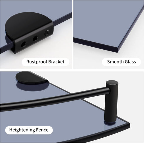 Set 2 Glass Bathroom Shelves - of Corner Shelves with Rail, Floating Glass Shelves for Bathroom, Kitchen, Living Room