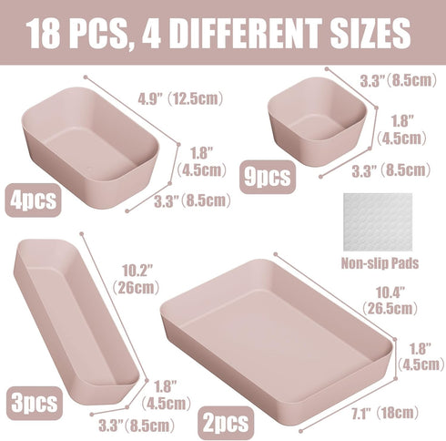 Plastic Drawer Organizers, 18 PCS Bathroom Drawer Organizer Bins, Makeup and Storage for Bedroom, Pink