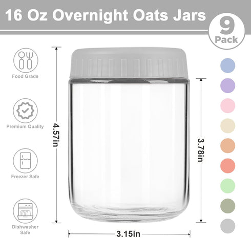 16oz 3 Pack Overnight Oats Containers with Lids, Wide Mouth Mason Jars with Lids, Glass Jars with Airtight lid for Chia