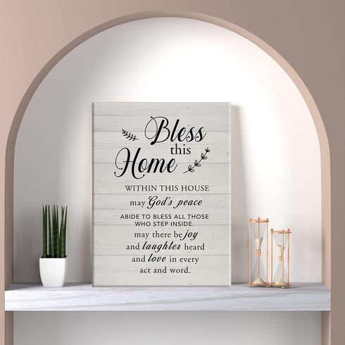New Home Religious Wall Art, Bless This Home Canvas Print with Inspirational Quote for Rustic Decor