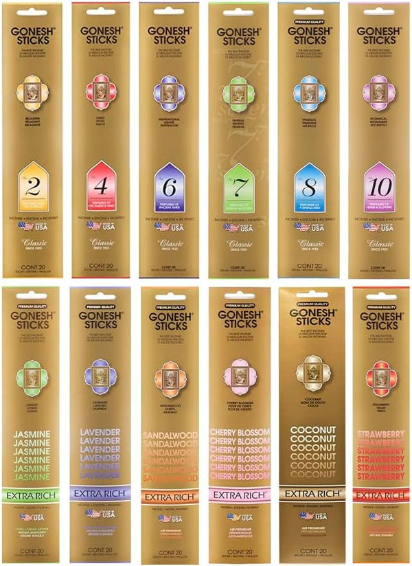Gonesh Incense Sticks Variety Pack - Non-Toxic 10” Slow Burn - Classic & Extra Rich Collection - 12 Packs of 20