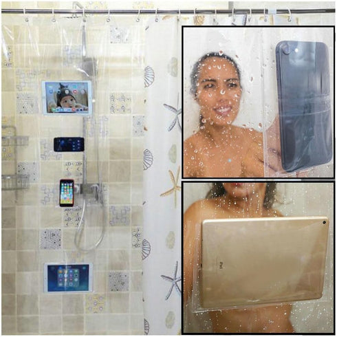 Fangkun iPad Mount Clear Shower Curtain Liner - 4 Touch-sensitive Pockets, Bathroom Storage Bag 32 x 72 inches