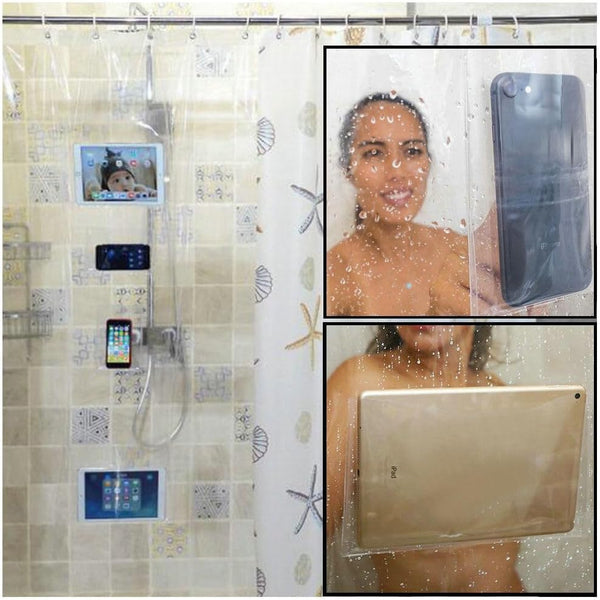 Fangkun iPad Mount Clear Shower Curtain Liner - 4 Touch-sensitive Pockets, Bathroom Storage Bag 32 x 72 inches
