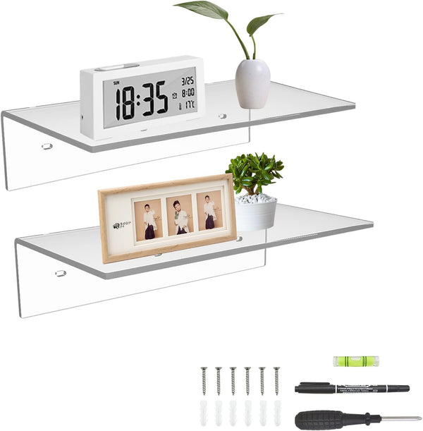 Sezanrpt 12 Inches Acrylic Wall Shelves 2 Pack, Floating Shelf for Wall