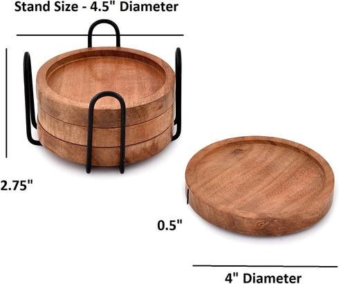 Acacia Wood Round Coasters Set of 4 with Iron Holder - Tabletop Protection for Drinks in Home, Bar, Kitchen