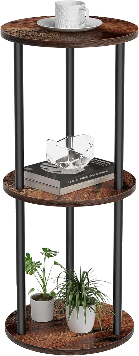 GHIMIGN 11.8'D Round Drink Table - 3-Tier Small Side Table with Wood Legs,
