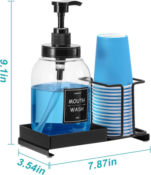 Summark Holder,24 OZ Mouthwash Dispenser for Bathroom,Mouth Wash Pump Bottle with Stainless Steel Cup Refillable Clear