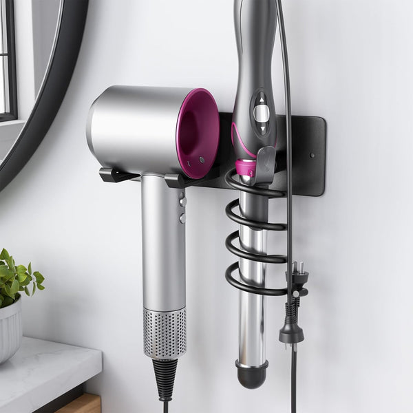 Tindbea Hair Dryer Holder + Curling Iron Holder, Matte Black Wall Mount Organizer for Bathroom
