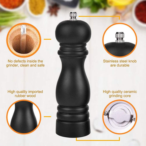 Premium Salt and Pepper Grinder Set of 2, Wood Shakers with Ceramic Core, Adjustable Coarseness, 6.5 Inch (Black+White)