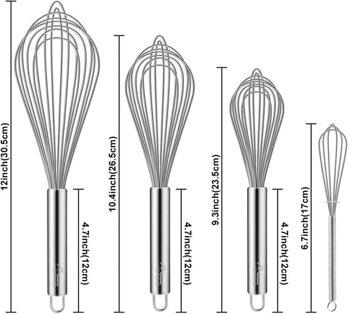 HOTEC 4 Pieces Stainless Steel Whisks Set - Wire Whisk, Balloon Whisk, Egg Beater Kitchen Utensils for Stirring