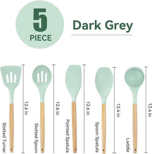 Kitchen Utensils Set, 5 Pcs Non-Stick Silicone Cooking Utensils with Wooden Handle, Heat Resistant Gadgets (Light Green)