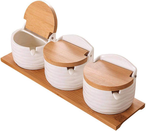 Counter (3) Ceramics Storage Jar Porcelain Condiment Jar Spice Container with with Flip Lid and Spoon - Best Creative