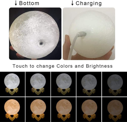 Mydethun 3D Moon Lamp, 5.9" Night Light with Wooden Base, Touch-Dimmable & Rechargeable, Gift for Mom, Home Décor