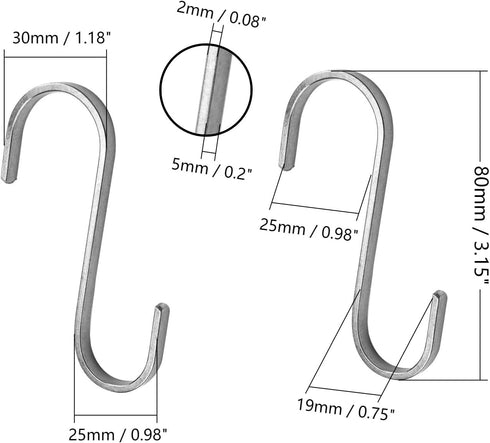 MroMax 304 Stainless Steel S Hooks, 80mm/3.15" Silver S Shaped Hook Hangers for Kitchen Bathroom Bedroom Storage Room
